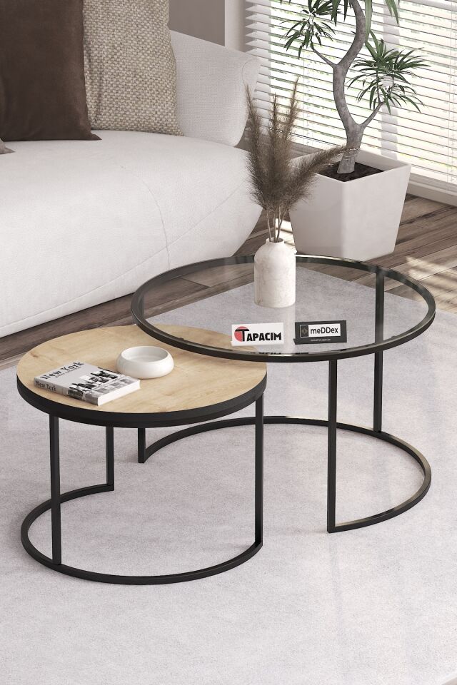 Riga Orta Sehpa 2'Li  Şeffaf Cam ( Temperli ) - Safir Meşe