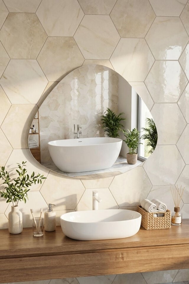80x65 Asimetrik Dekoratif Duvar Salon Koridor Hol Banyo Makyaj Aynası