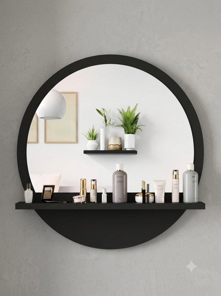 Yuvarlak Raflı Ayna 45cm Siyah Dresuar Hol Koridor Salon Banyo Wc Ofis Çocuk Yatak Odası