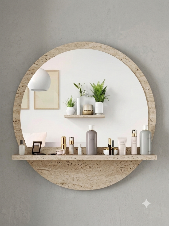 Yuvarlak Raflı Ayna 45cm Traverten Desen Dresuar Hol Koridor Salon Banyo Wc Ofis Çocuk Yatak Odası