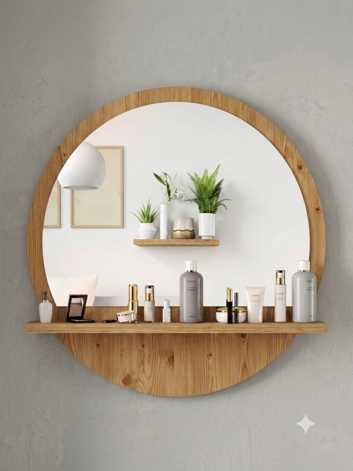 Yuvarlak Raflı Ayna 45cm Atlantik Çam Dresuar Hol Koridor Salon Banyo Wc Ofis Çocuk Yatak Odası