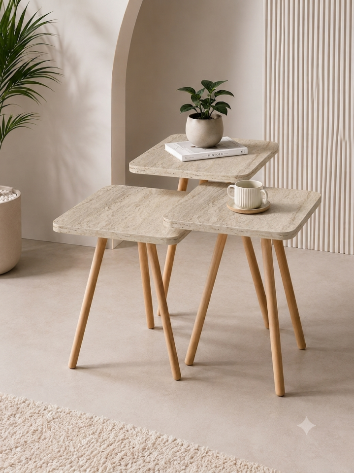 Kare 33 Cm Üçlü Sehpa Traverten Desen