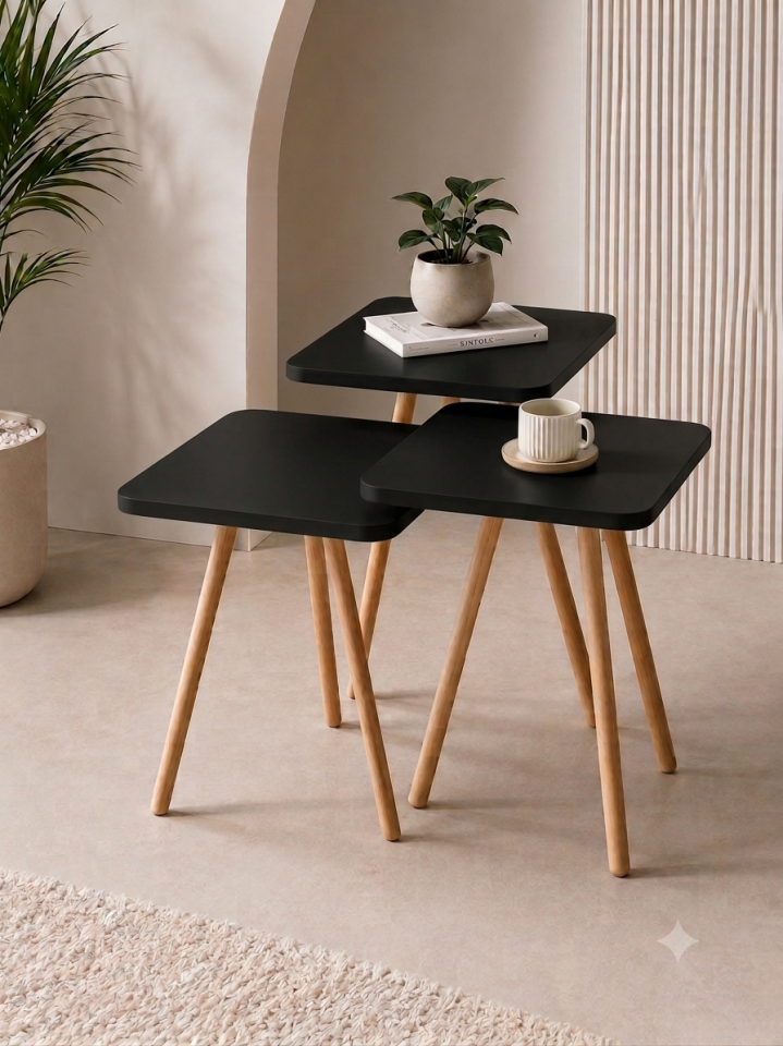 Kare 33 Cm Üçlü Sehpa Siyah Desen