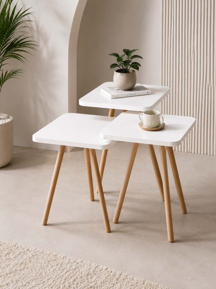 Kare 33 Cm Üçlü Sehpa Beyaz Desen